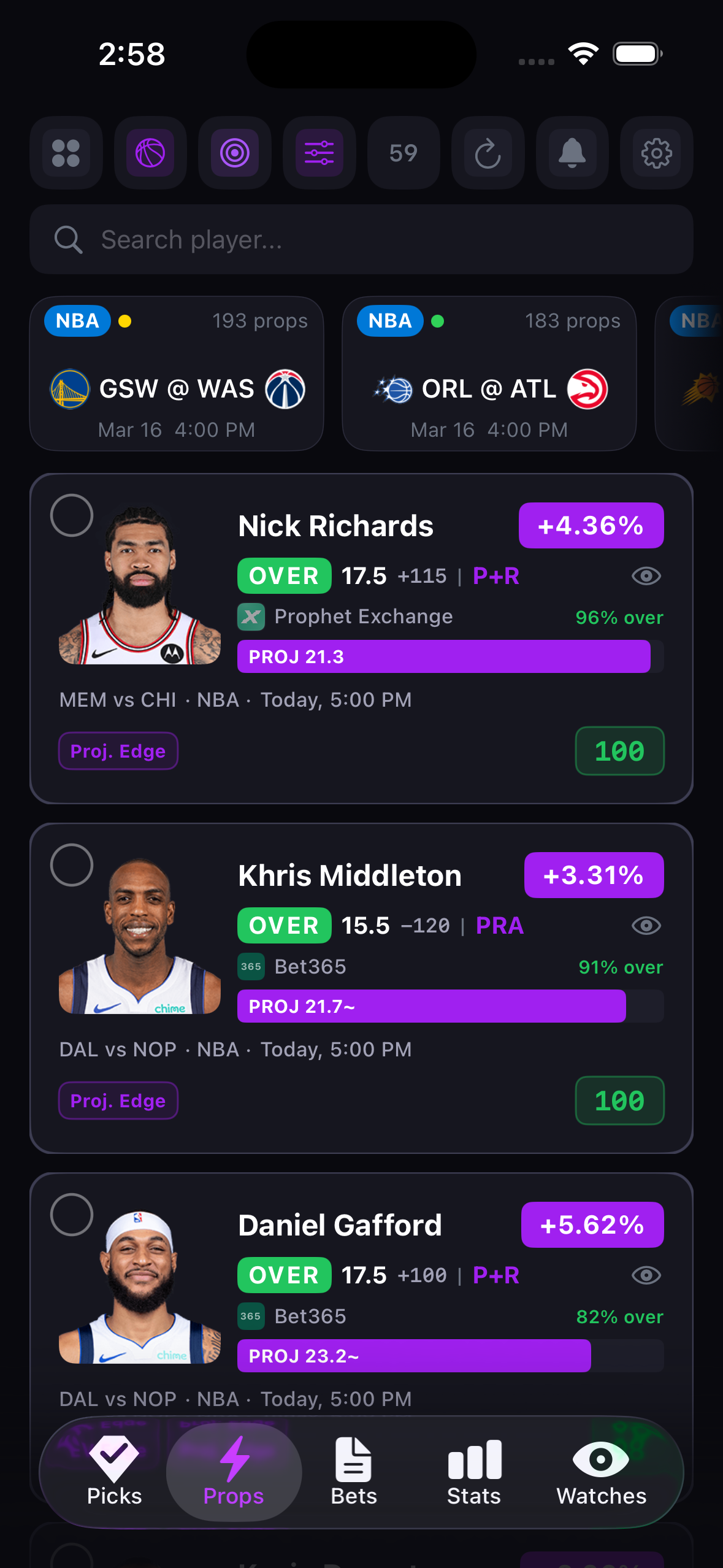 EV player prop betting screen DumbMoneyPicks