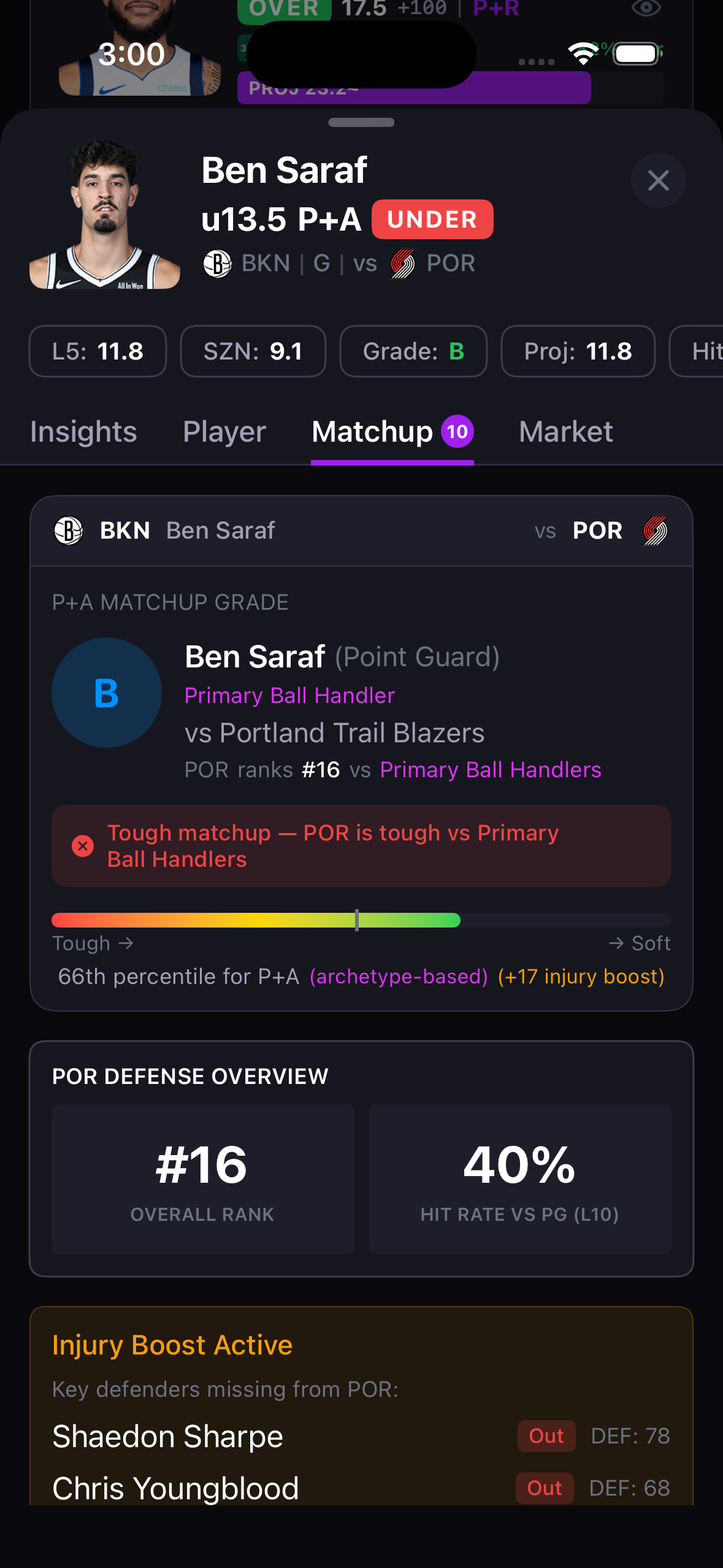Player matchup analysis screen DumbMoneyPicks